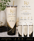 Rise With Shatrena branded tumbler with motivational engravings